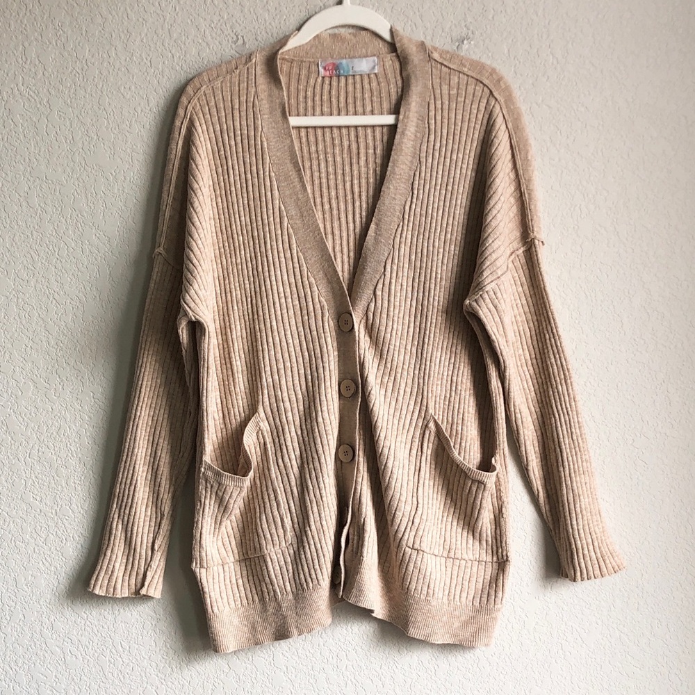 Free People FP Beach Maiya Cardigan Sweater Ribbed Oversized Tan Layering